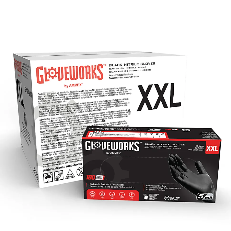 Gloveworks Black Nitrile Industrial Powder-Free Disposable Gloves, XXL, Black, Box of 100 Gloves