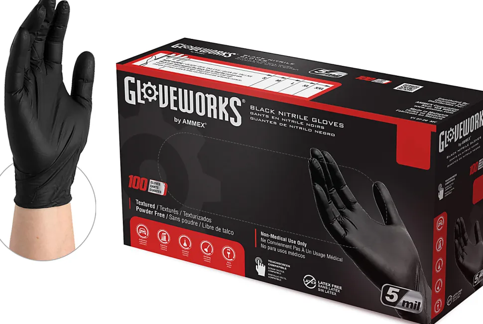 Gloveworks Nitrile Industrial Powder-Free Disposable Gloves, Extra Large, Black, Box Of 100 Gloves