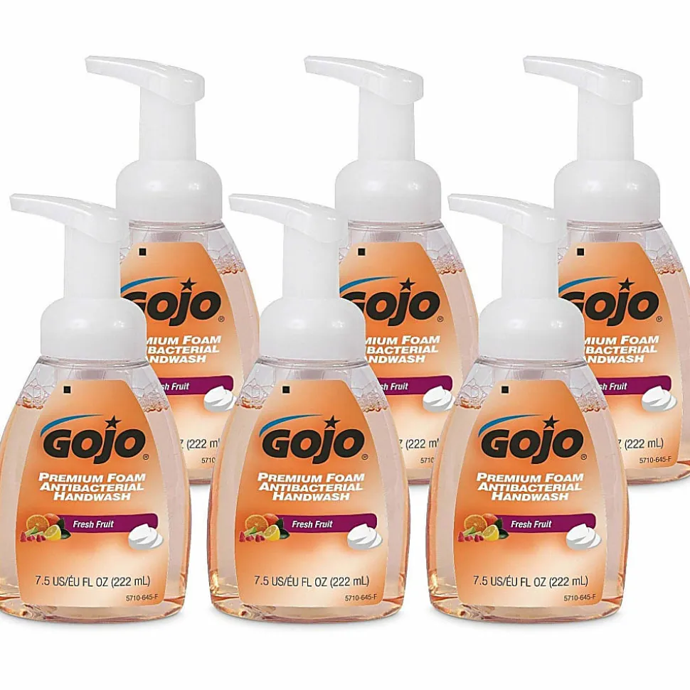 GOJO® Premium Foam Antibacterial Hand Wash Soap, Fresh Fruit Scent, 7.5 Oz, Carton Of 6 Pump Bottles