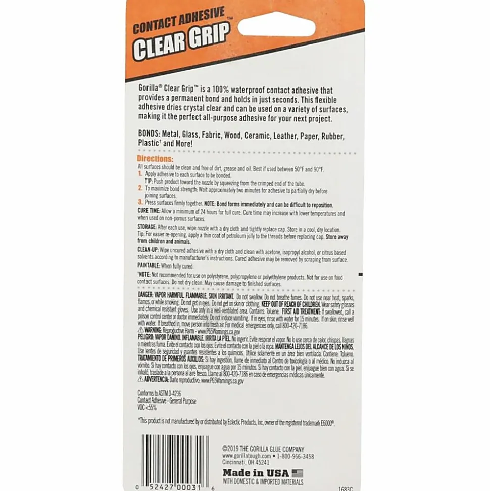 Gorilla Clear Grip Contact Adhesive - 3 fl oz - Clear - 1 Each