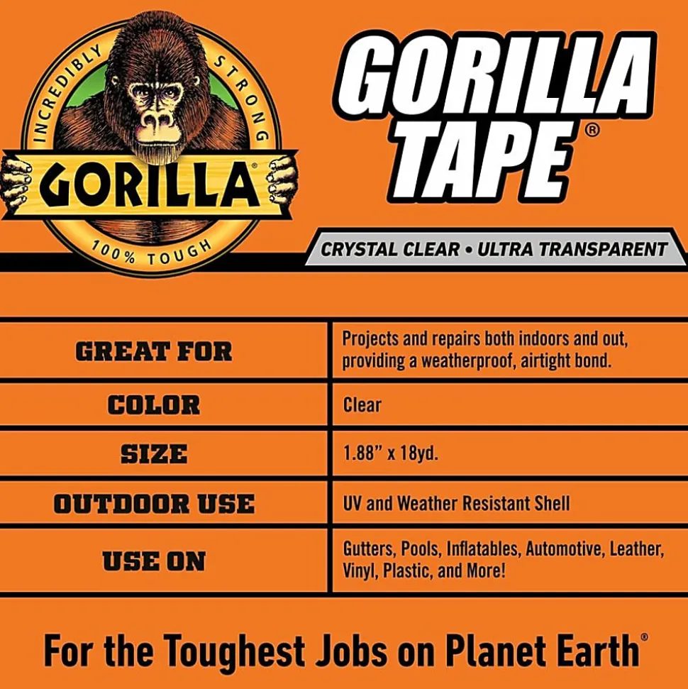 Gorilla Crystal Clear Tape - 18 yd Length x 1.88" Width - Clear - Temperature Resistant, Weather Proof, UV Resistant - For Indoor, Outdoor - 1 Each