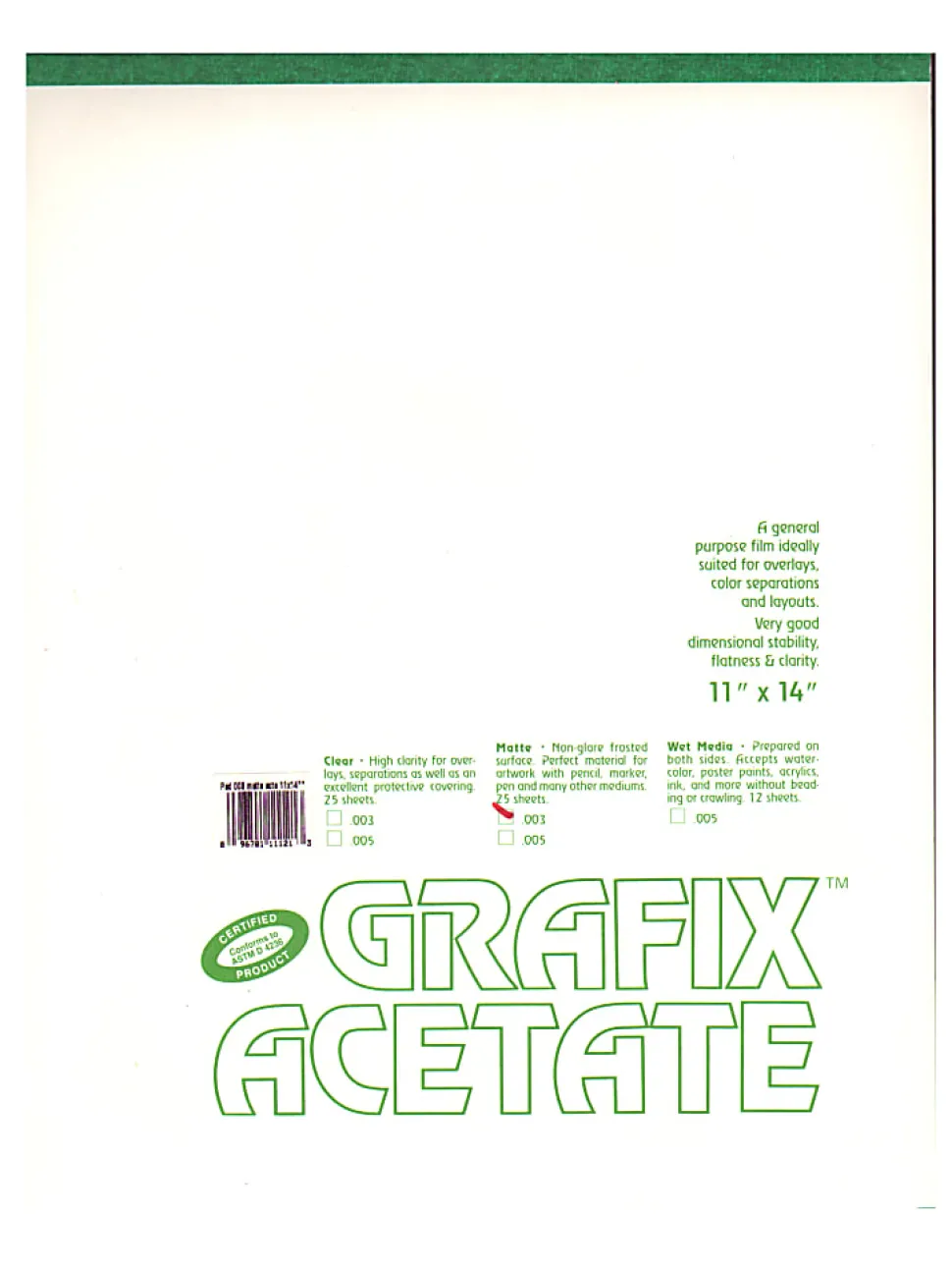 Grafix Matte Acetate Film Pad, 11" x 14", 0.003" Thick, 25 Sheets
