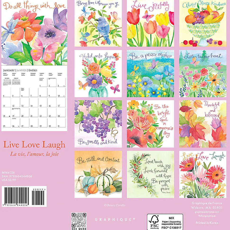 2026 Graphique Inspirational Monthly Mini Wall Calendar, 7" x 7", Live Love Laugh, January To December, MY44026