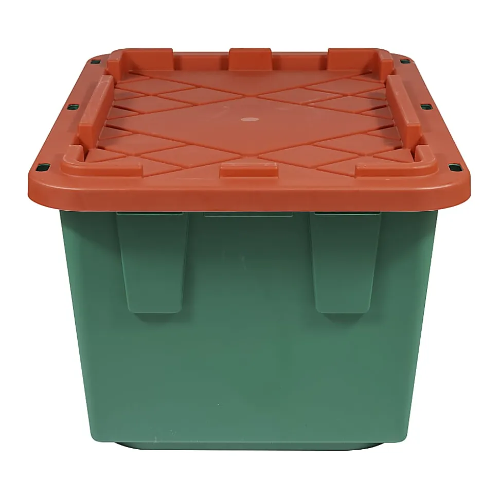 GreenMade® Professional Storage Tote With Handles/Snap Lid, 14-3/4”H x 20-1/4”W x 30-1/10”L, 27-Gallon, Green/Red