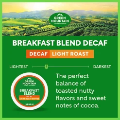 Green Mountain Coffee Roasters® Single-Serve Coffee K-Cup®, Decaffeinated, Breakfast Blend, Carton Of 96, 4 Boxes of 24 pods