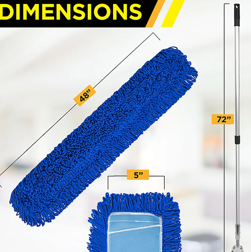 Gritt Commercial All-In-One Microfiber Dust Mop Set With 72" Telescopic Handle, 48", Blue/Silver