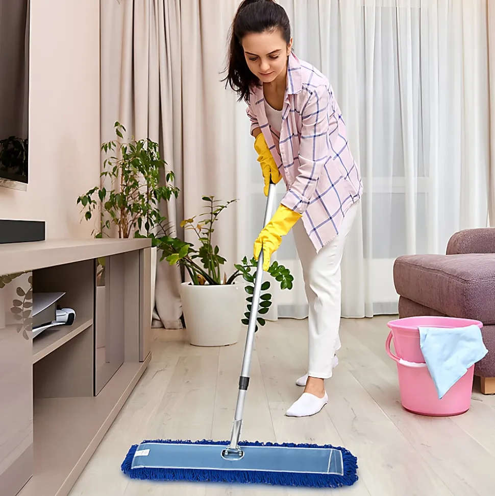 Gritt Commercial All-In-One Microfiber Dust Mop Set With 72" Telescopic Handle, 48", Blue/Silver