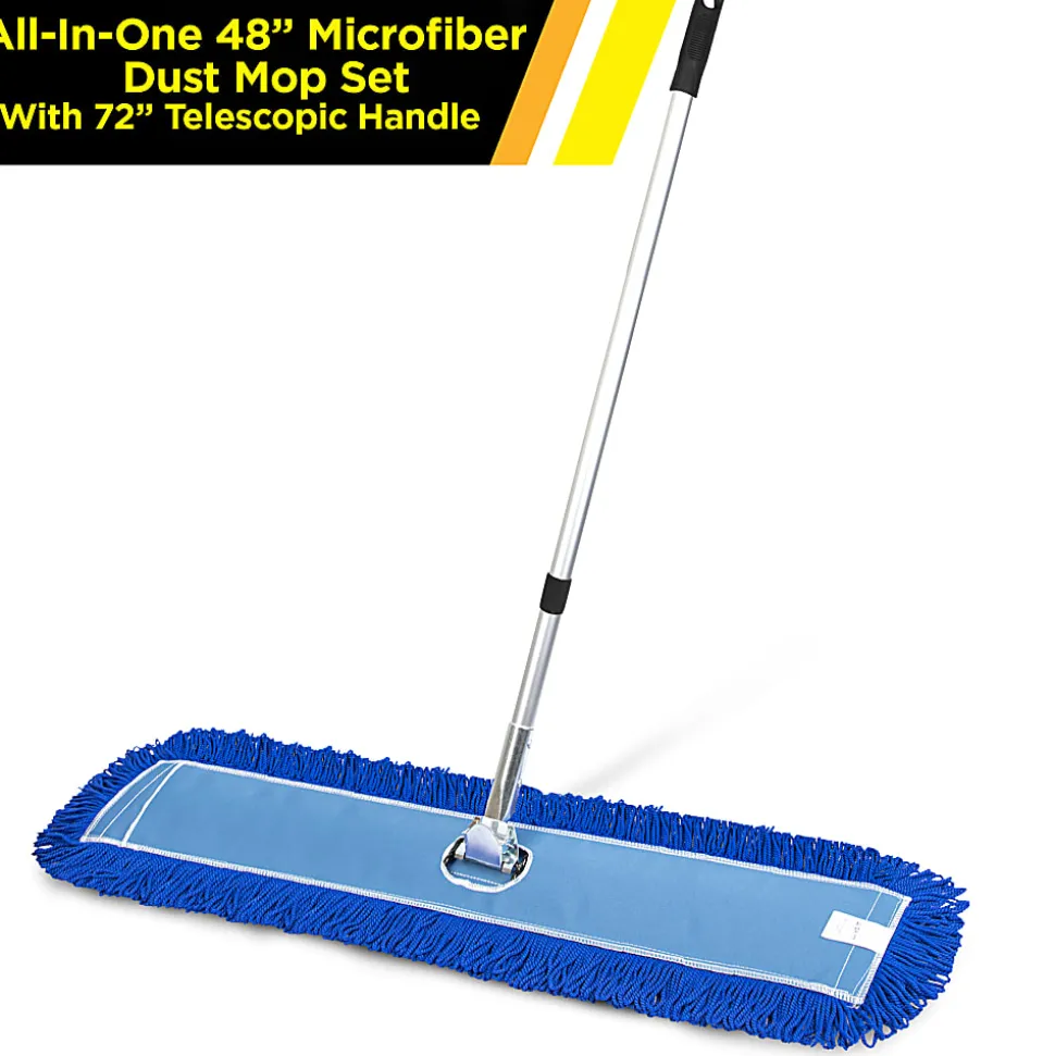 Gritt Commercial All-In-One Microfiber Dust Mop Set With 72" Telescopic Handle, 48", Blue/Silver