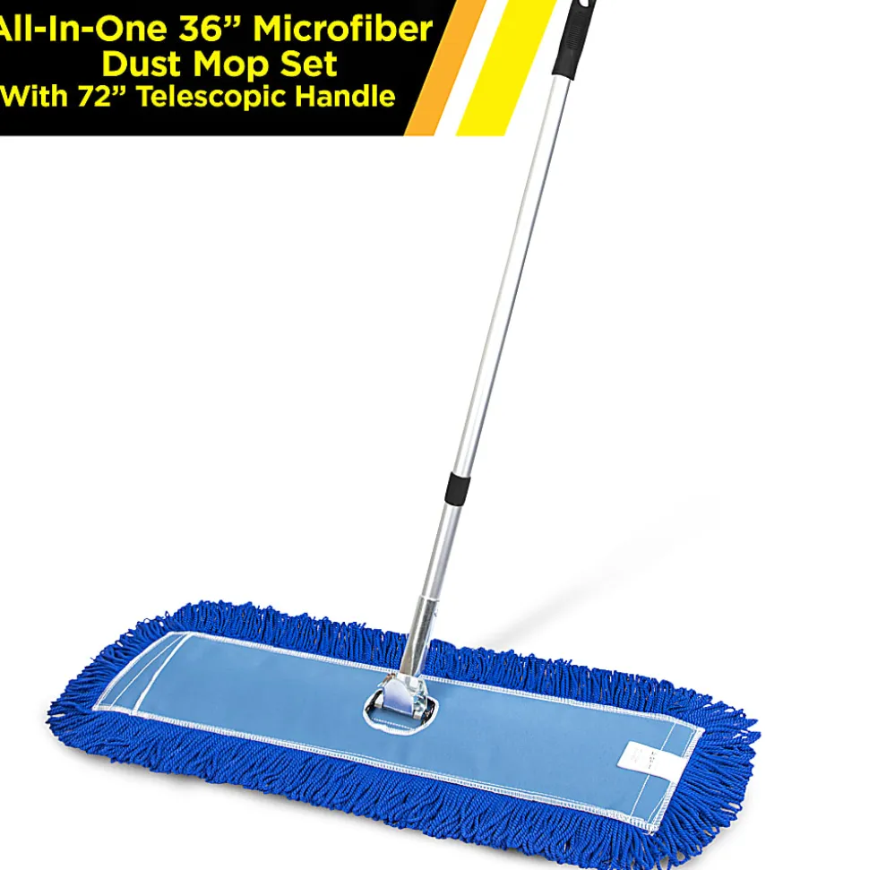 Gritt Commercial All-In-One Microfiber Dust Mop Set With 72" Telescopic Handle, 36", Blue/Silver