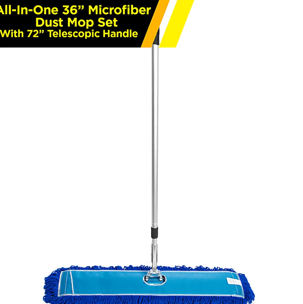 Gritt Commercial All-In-One Microfiber Dust Mop Set With 72" Telescopic Handle, 36", Blue/Silver