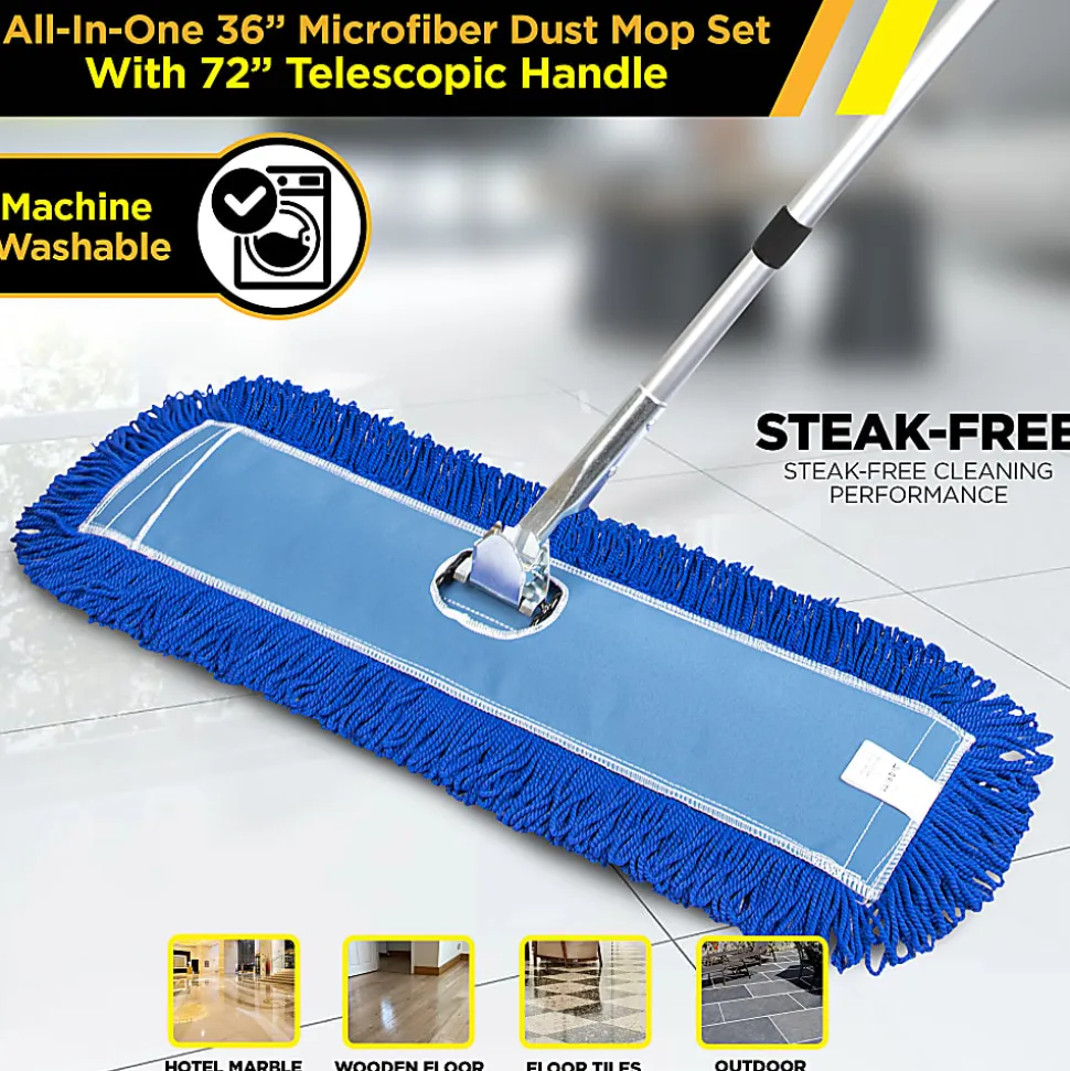 Gritt Commercial All-In-One Microfiber Dust Mop Set With 72" Telescopic Handle, 36", Blue/Silver