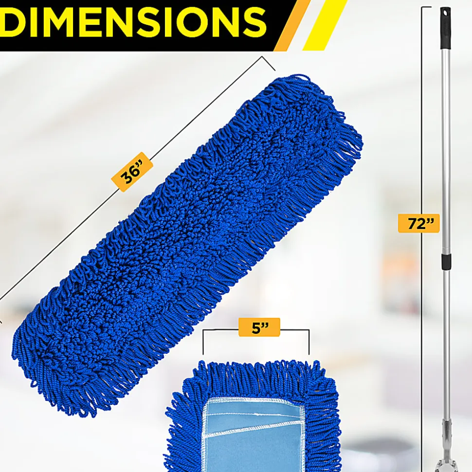 Gritt Commercial All-In-One Microfiber Dust Mop Set With 72" Telescopic Handle, 36", Blue/Silver