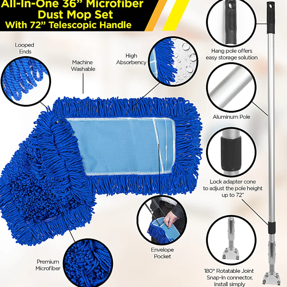 Gritt Commercial All-In-One Microfiber Dust Mop Set With 72" Telescopic Handle, 36", Blue/Silver