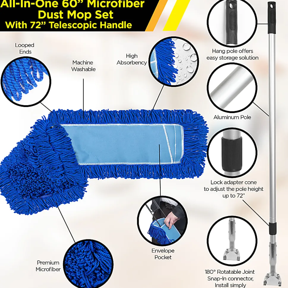 Gritt Commercial All-In-One Microfiber Dust Mop Set With 72" Telescopic Handle, 60", Blue/Silver