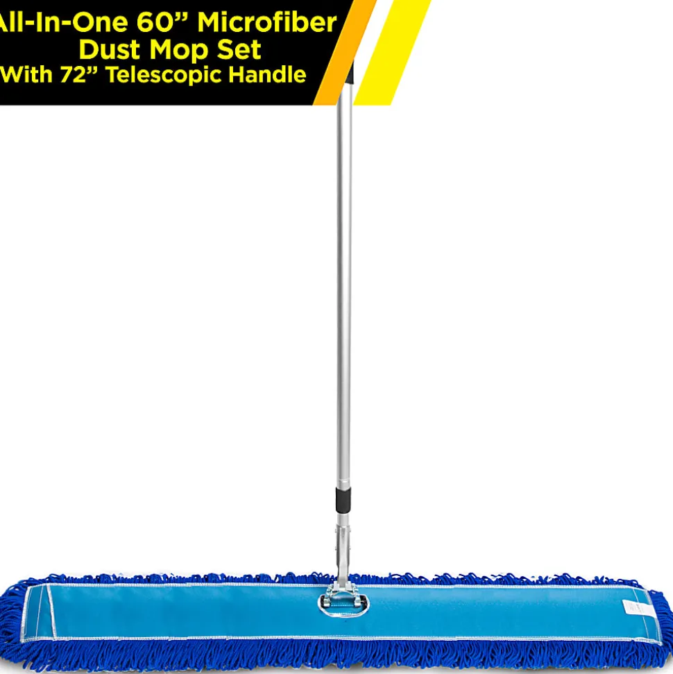 Gritt Commercial All-In-One Microfiber Dust Mop Set With 72" Telescopic Handle, 60", Blue/Silver