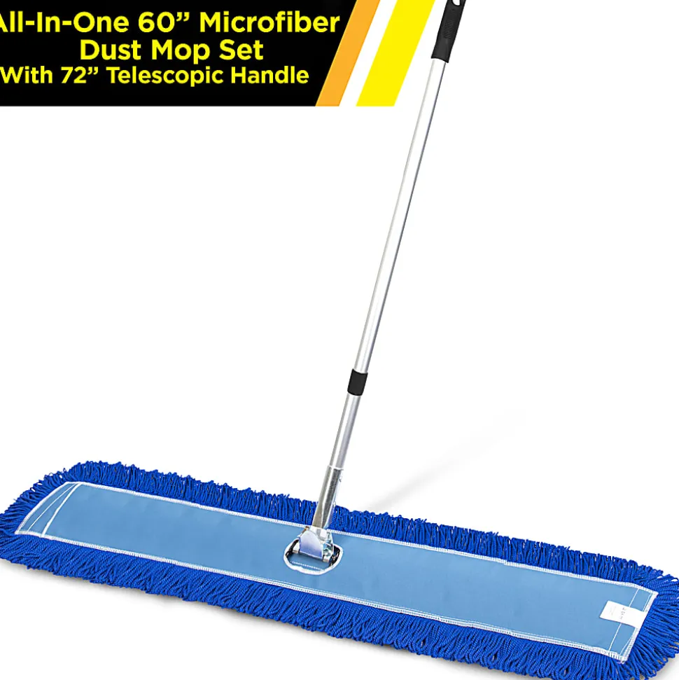 Gritt Commercial All-In-One Microfiber Dust Mop Set With 72" Telescopic Handle, 60", Blue/Silver