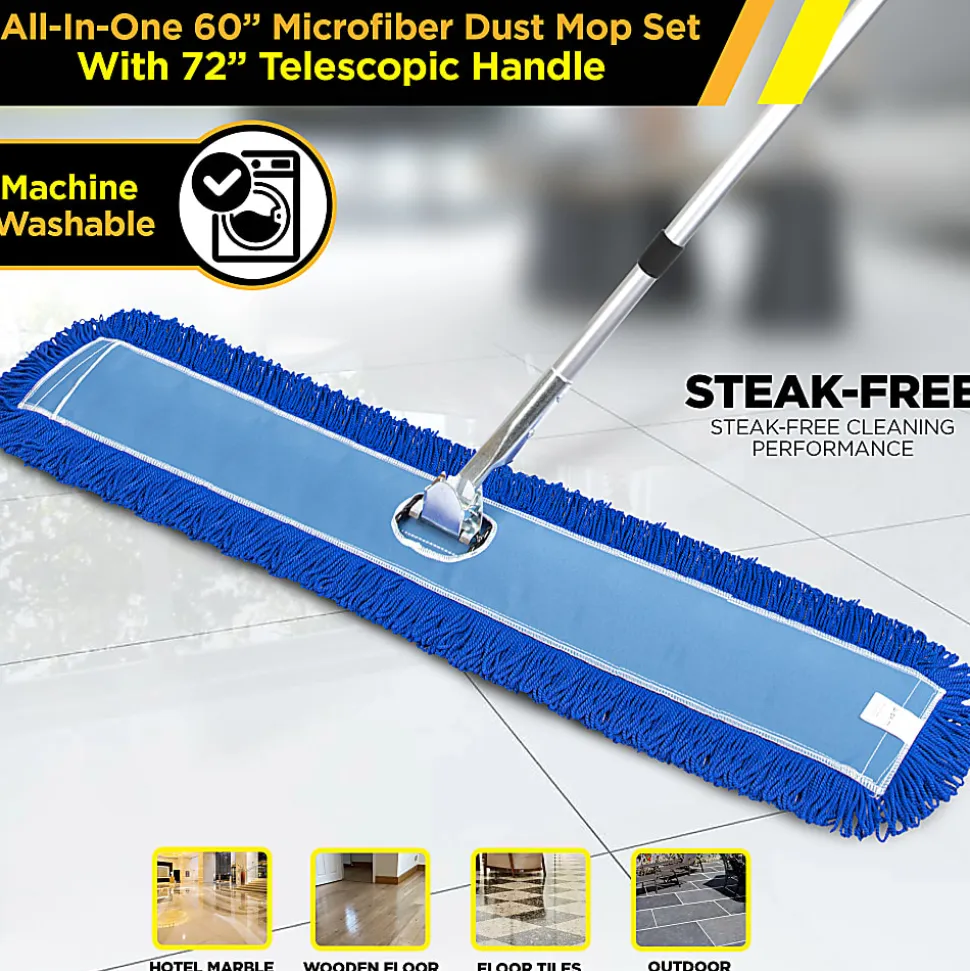 Gritt Commercial All-In-One Microfiber Dust Mop Set With 72" Telescopic Handle, 60", Blue/Silver