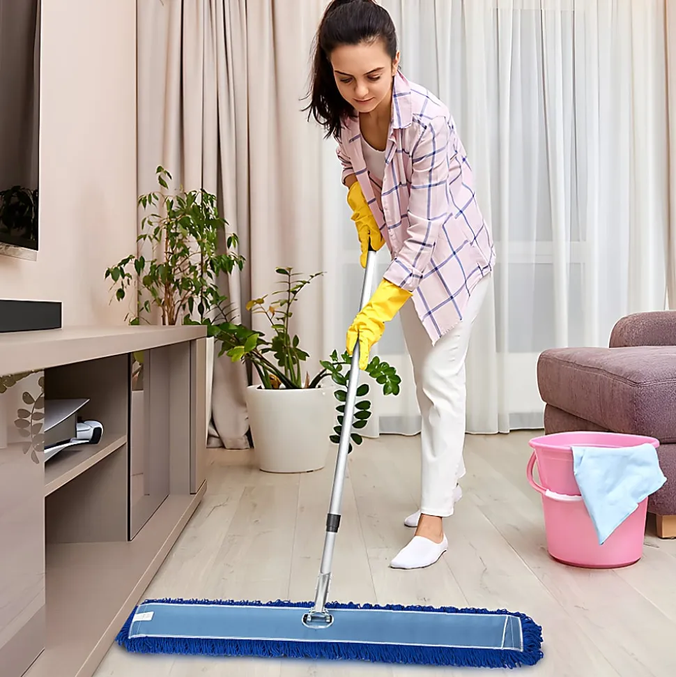 Gritt Commercial All-In-One Microfiber Dust Mop Set With 72" Telescopic Handle, 60", Blue/Silver