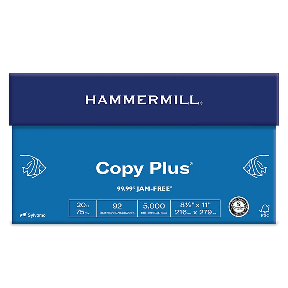 Hammermill® Copy Plus® Copy Paper, 10 Reams, White, Letter (8.5" x 11"), 5000 Sheets Per Case, 20 Lb, 92 Brightness, FSC® Certified