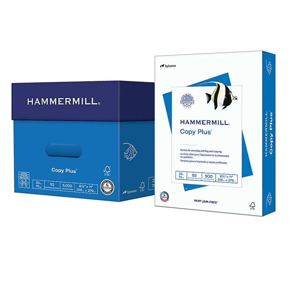 Hammermill® Copy Plus® Copy Paper, 10 Reams, White, Letter (8.5" x 11"), 5000 Sheets Per Case, 20 Lb, 92 Brightness, FSC® Certified