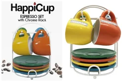 HappiCup Espresso Cups With Saucers And Rack, 1 Oz, Assorted Colors, Set Of 4 Cups