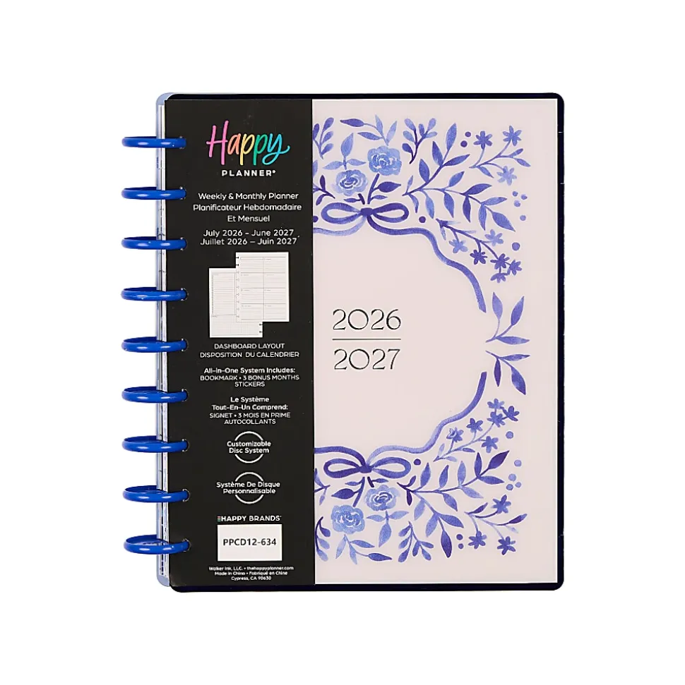 Happy Planner Monthly/Weekly Classic Disc-Bound Academic Planner, 7" x 9-1/4", Cottage Blues, July 2026 to June 2027, Total Quantity 1