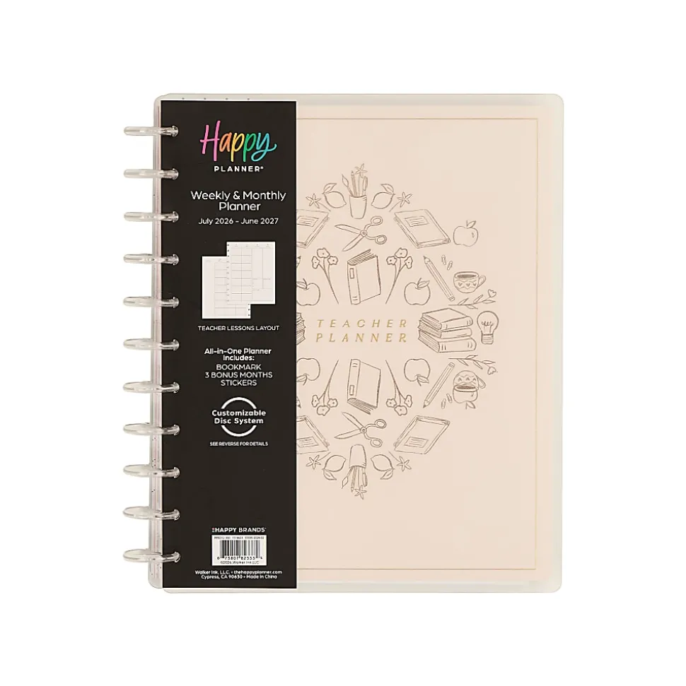 2026-2027 Happy Planner Monthly/Weekly Big Disc-Bound Teacher Planner, 8-1/2" x 11", Light Lessons, July To June, Total Qty 1