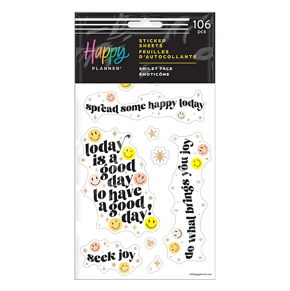 Happy Planner Smiley Face Stickers, 9-1/8" x 4-3/4", Assorted Colors, Pack Of 106 Stickers