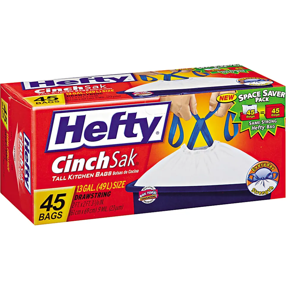 Hefty® Cinch Sak® Tall Kitchen Bags, White, 0.9 mil, 13 Gallons, Box Of 45