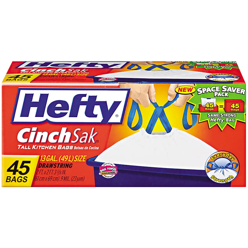 Hefty® Cinch Sak® Tall Kitchen Bags, White, 0.9 mil, 13 Gallons, Box Of 45