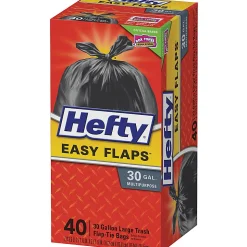 HeftyĀ® EasyFLAPS Trash Bags, Black, 1.05 mil, 30 Gallons, Box Of 40