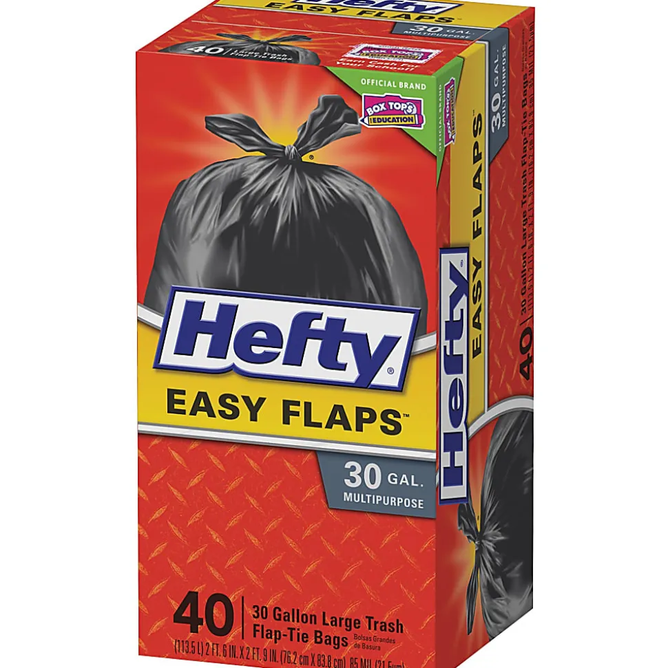 Hefty® EasyFLAPS Trash Bags, Black, 1.05 mil, 30 Gallons, Box Of 40