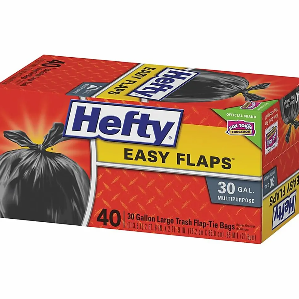Hefty® EasyFLAPS Trash Bags, Black, 1.05 mil, 30 Gallons, Box Of 40