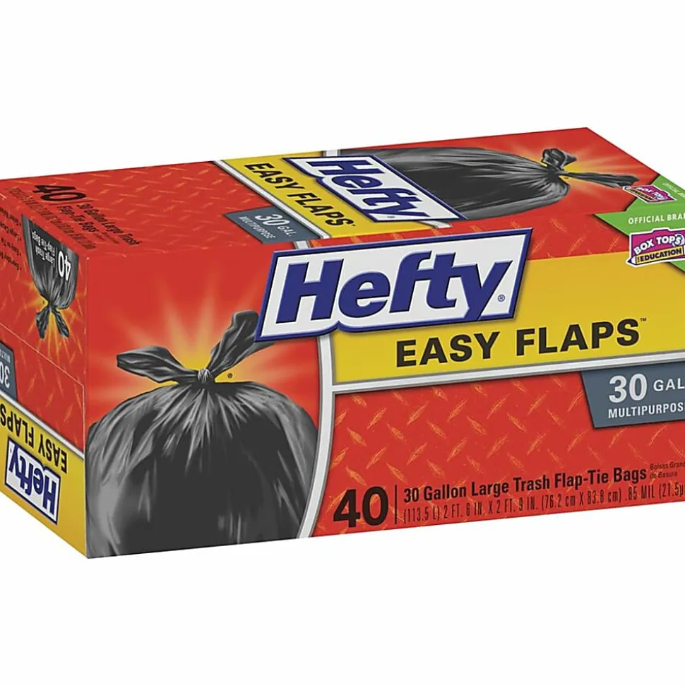 Hefty® EasyFLAPS Trash Bags, Black, 1.05 mil, 30 Gallons, Box Of 40