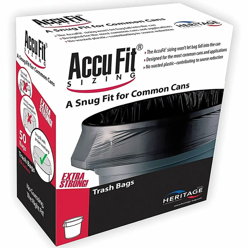Heritage Accufit Can Liners, 55 Gallon, 0.9 Mil, Clear, Box Of 50