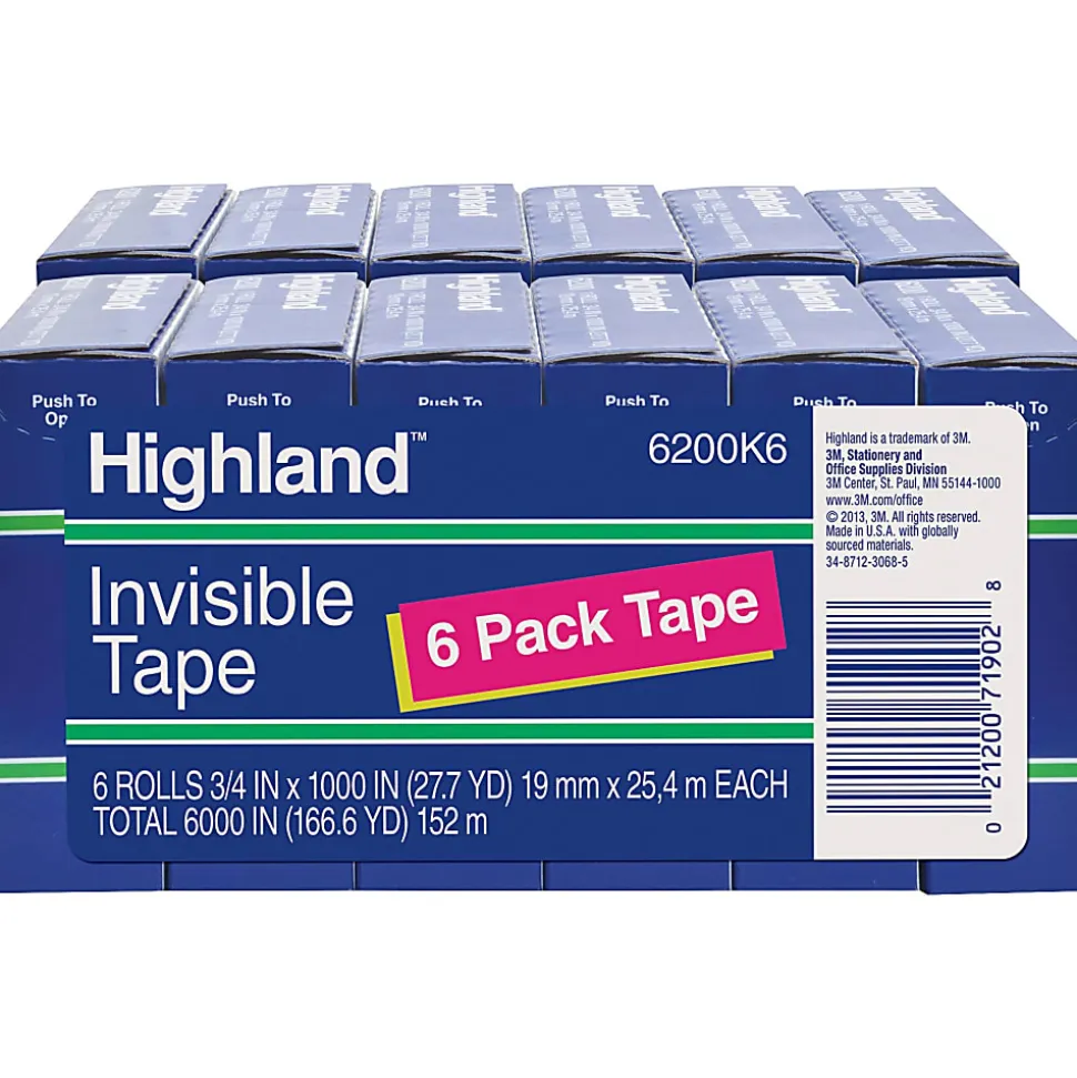 Highland 3/4"W Matte-finish Invisible Tape - 27.78 yd Length x 0.75" Width - 1" Core - 12 / Bundle - Matte Clear