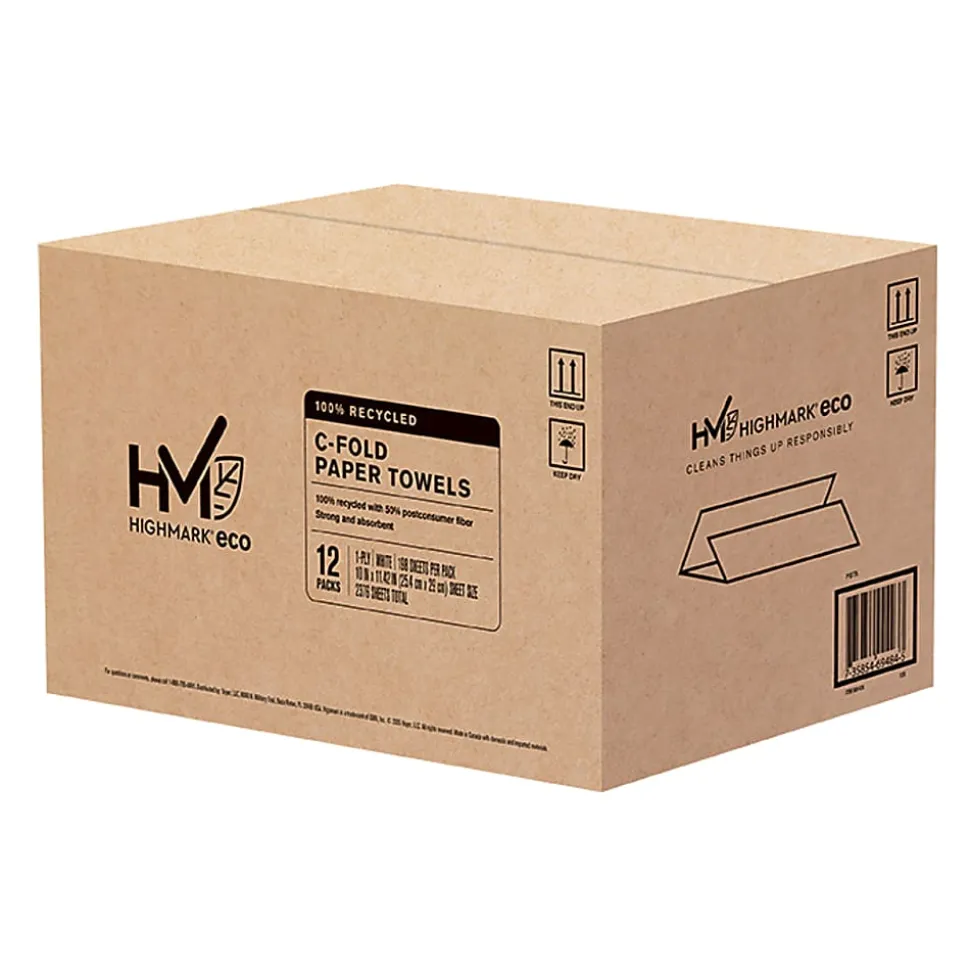 Highmark® C-Fold 1-Ply Paper Towels, 100% Recycled, 198 Sheets Per Pack, Case Of 12 Packs