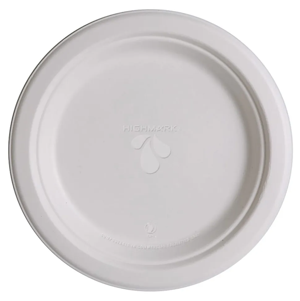 Highmark® ECO Compostable Sugarcane Paper Plates, 9", White, Pack Of 50