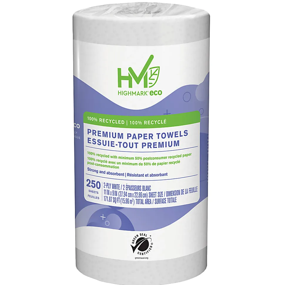 Highmark® ECO 2-Ply Premium Paper Towels, 9" x 11", 100% Recycled, 250 Sheets Per Roll, Pack of 12 Rolls