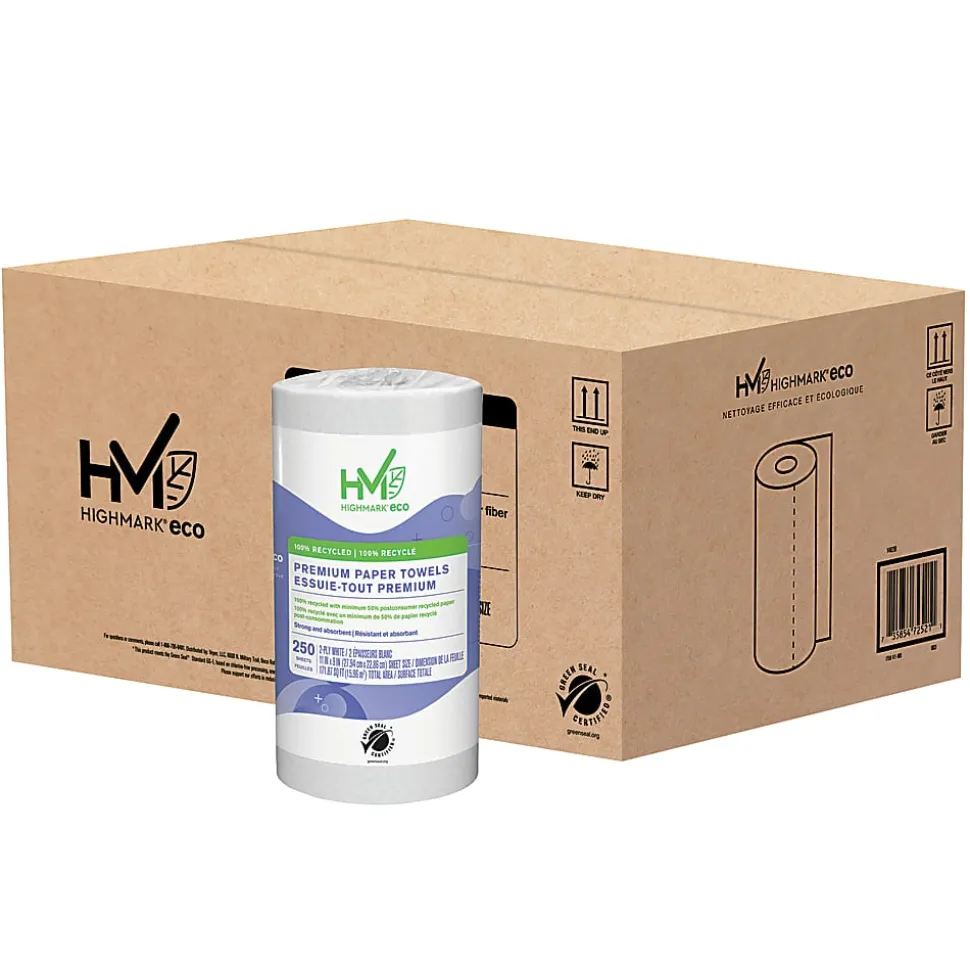 Highmark® ECO 2-Ply Premium Paper Towels, 9" x 11", 100% Recycled, 250 Sheets Per Roll, Pack of 12 Rolls