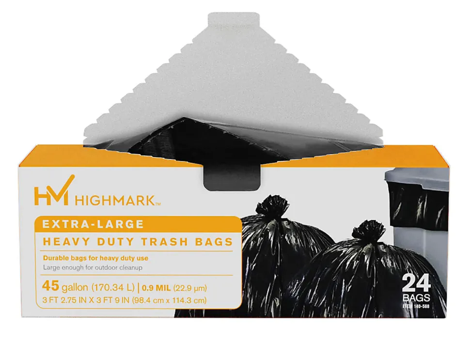 Highmark™ Heavy Duty 0.9 mil. Extra-Large Trash Bags, 45 Gallon, 45" x 38.75", Black, Box Of 24