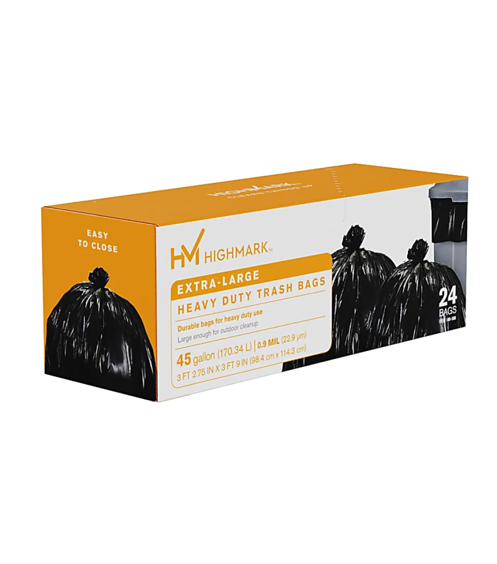 Highmark™ Heavy Duty 0.9 mil. Extra-Large Trash Bags, 45 Gallon, 45" x 38.75", Black, Box Of 24