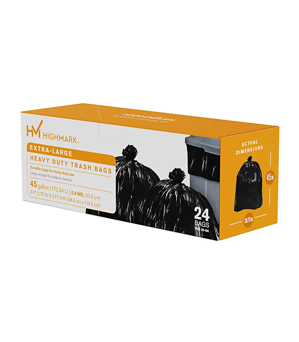 Highmark™ Heavy Duty 0.9 mil. Extra-Large Trash Bags, 45 Gallon, 45" x 38.75", Black, Box Of 24
