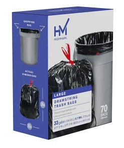 Highmark™ Large Drawstring Trash Bags, 0.7 mil, 33 Gallon, Black, Box Of 70 Bags