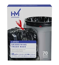 Highmark™ Large Drawstring Trash Bags, 0.7 mil, 33 Gallon, Black, Box Of 70 Bags