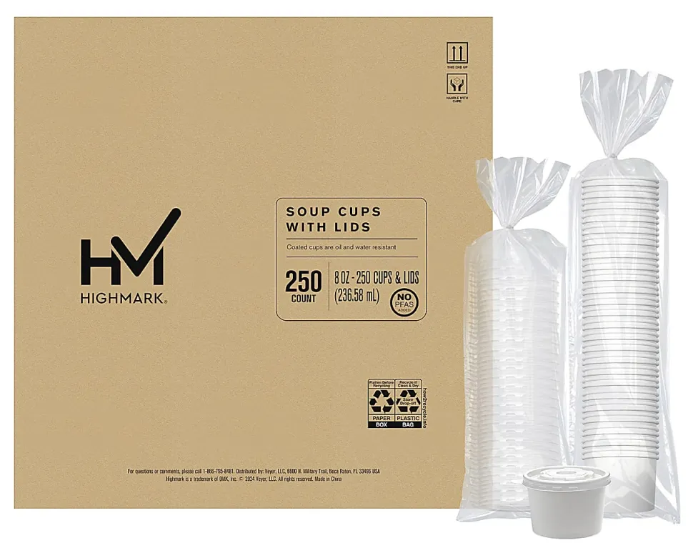 Highmark® Paper Soup Containers with Lids, Disposable Paper Food Cups, Ice Cream Cups Food Storage with Lids, 8 oz, White, Case Of 250