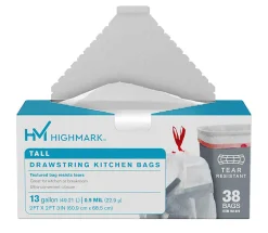 Highmark™ Tall Drawstring Kitchen Trash Bags, 13 Gallon, 0.9 mil, White, Box Of 38