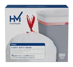 Highmark™ Tall 0.6 mil Drawstring Kitchen Trash Bags, 0.6 mil, 13 Gallon, 27.375" x 24", White, Box Of 200