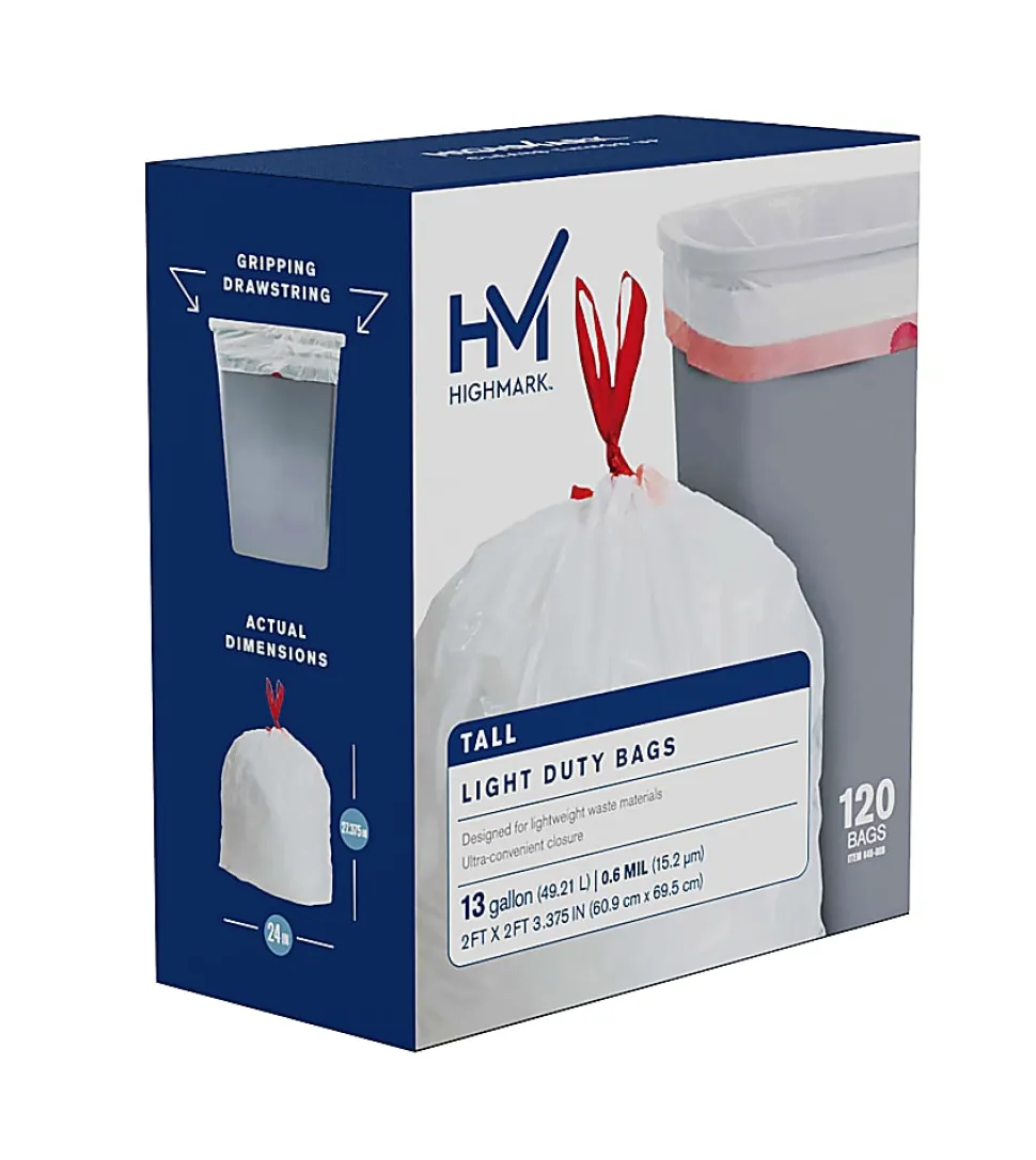 Highmark™ Tall 0.6 mil Drawstring Kitchen Trash Bags, 0.6 mil, 13 Gallon, 24" x 28", White, Box Of 120