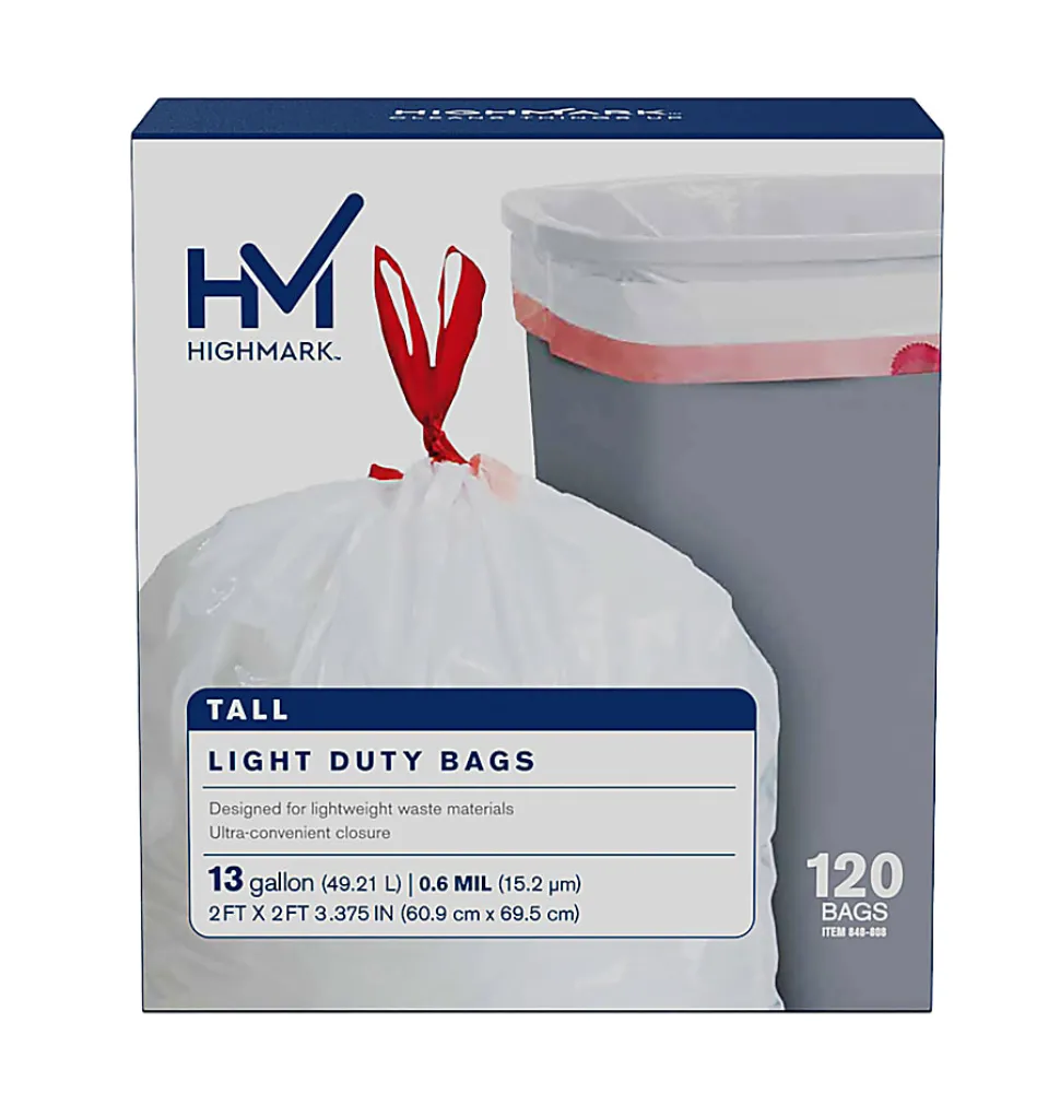 Highmark™ Tall 0.6 mil Drawstring Kitchen Trash Bags, 0.6 mil, 13 Gallon, 24" x 28", White, Box Of 120